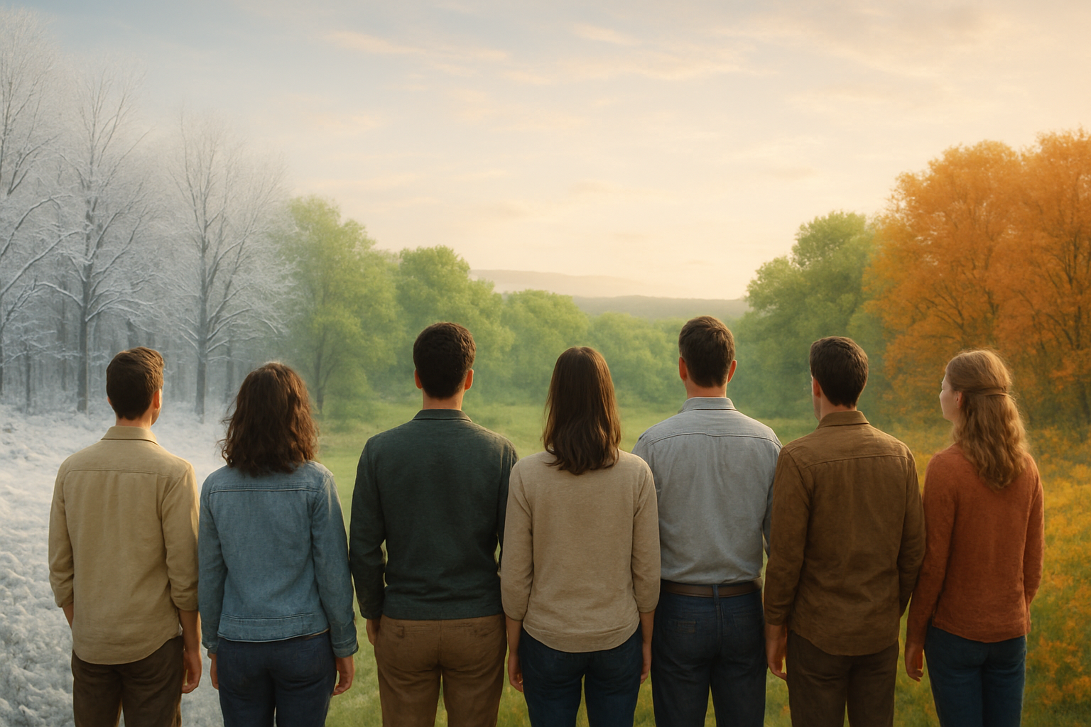 A group of people standing side by side seen from behind looking toward the horizon instead of the camera The landscape in front of them subtly shows-1