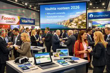 Vauhtia vuoteen myynnillä ja näkyvyydellä messutapahtuma, tekoälyn tuottama kuva. 