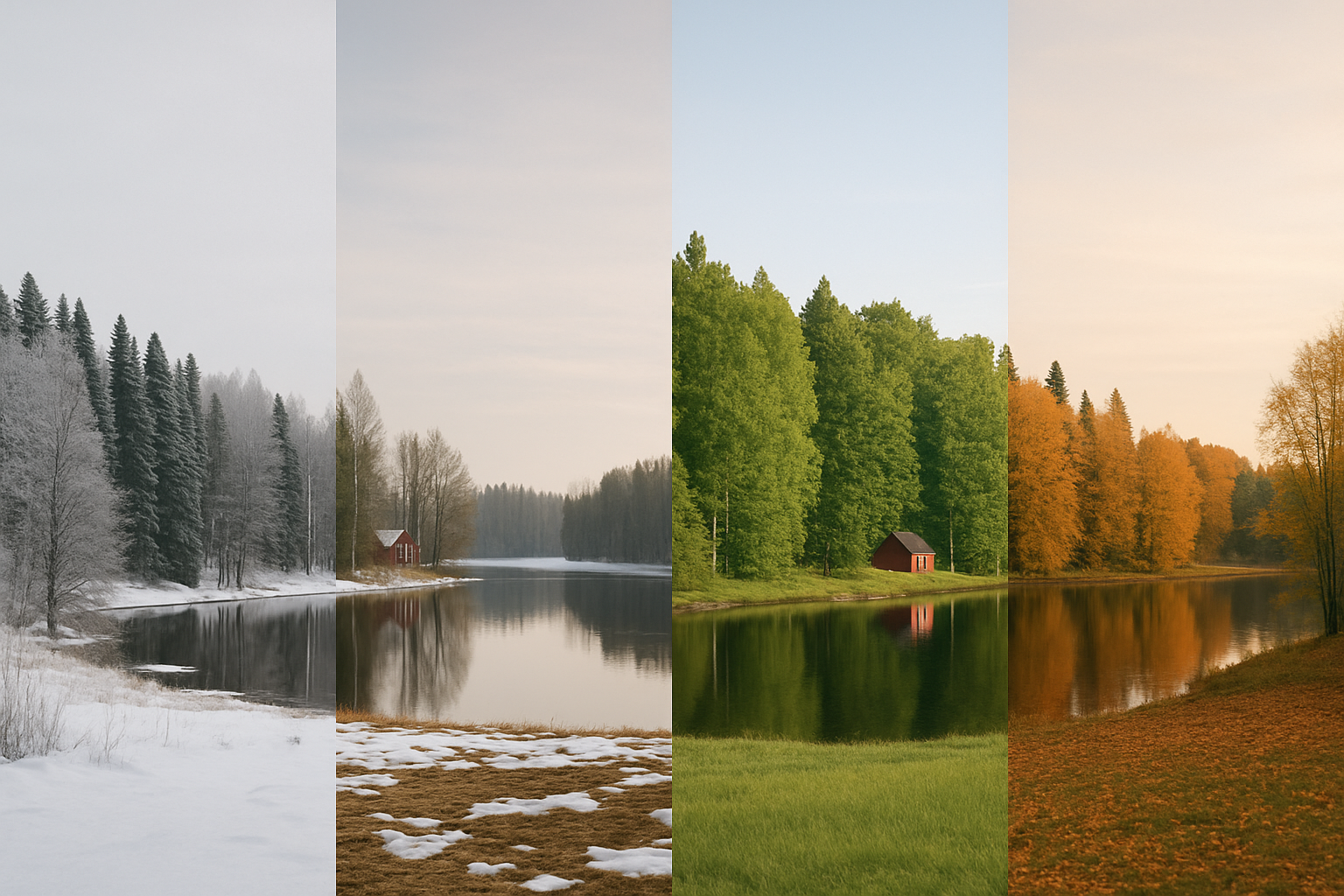 photographic A clean and realistic visual showing the same Finnish landscape across four seasons The image is divided into four balanced sections each